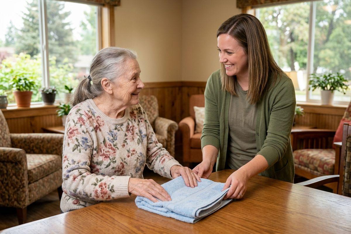 A caregiver and an older person smile as they fold blue towels together at a wooden table in a sunlit living room.