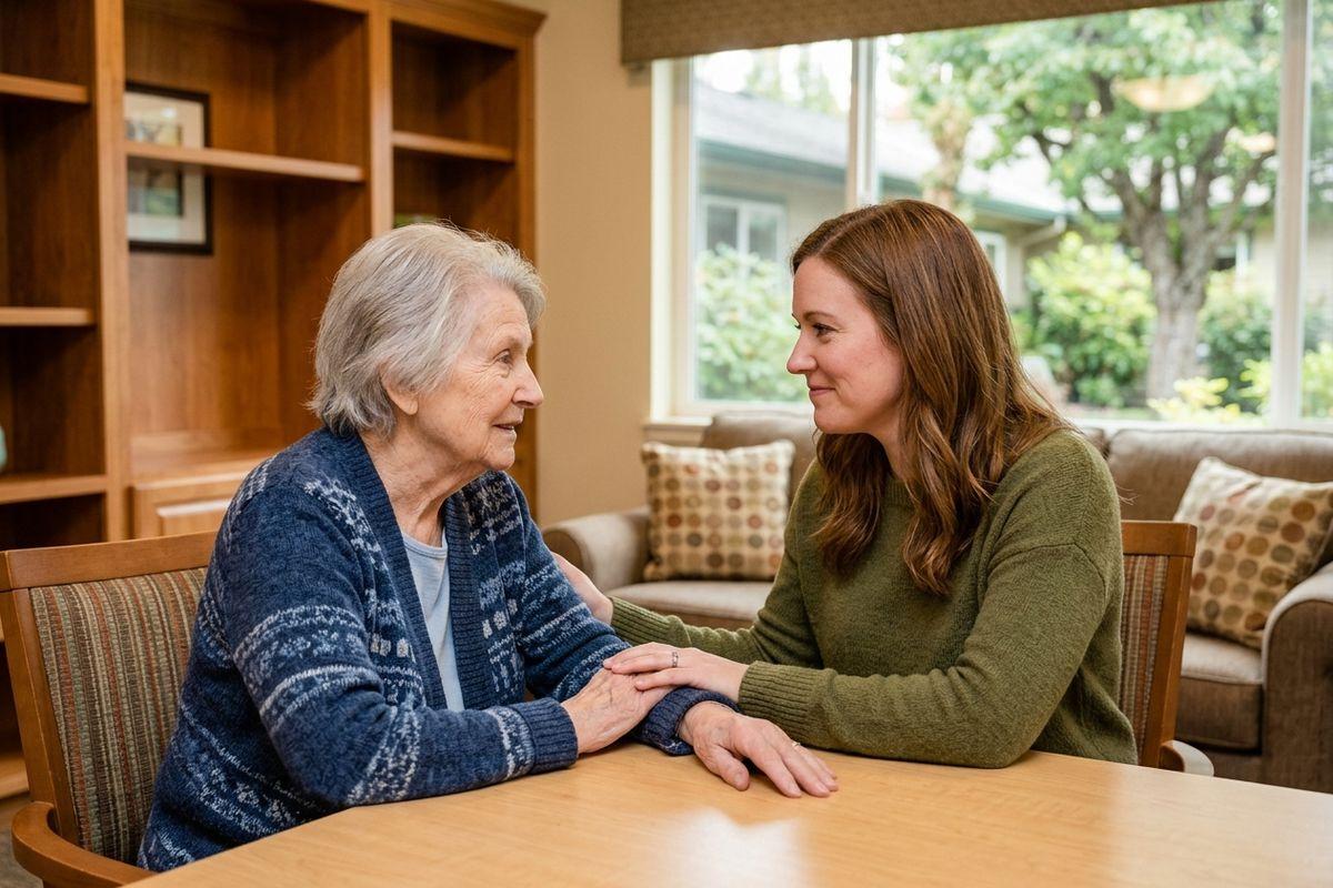 A younger adult holds hands with an older person across a table, both looking at each other in a living room.