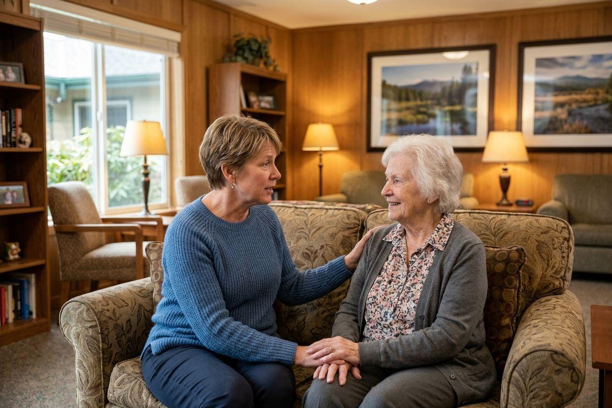 An adult holds hands and talks with an older adult on a sofa in a wood-panelled living room.