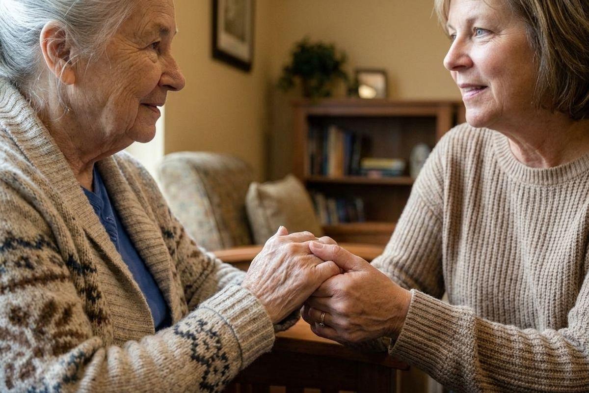 Two adults hold hands across a table indoors, facing each other. 