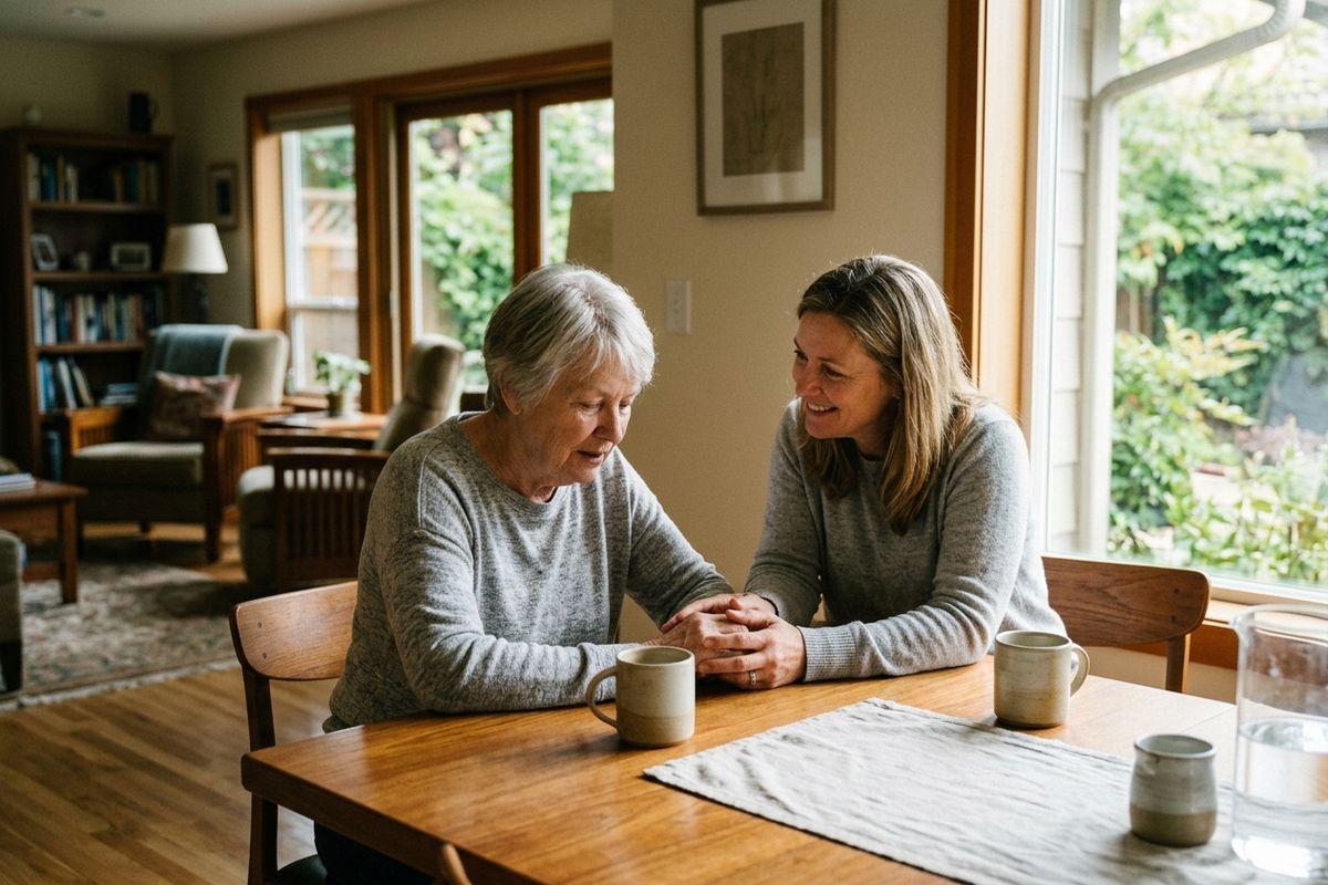 Two adults sit at a wooden table holding hands, with mugs nearby; one smiles at the other in a sunlit room.
