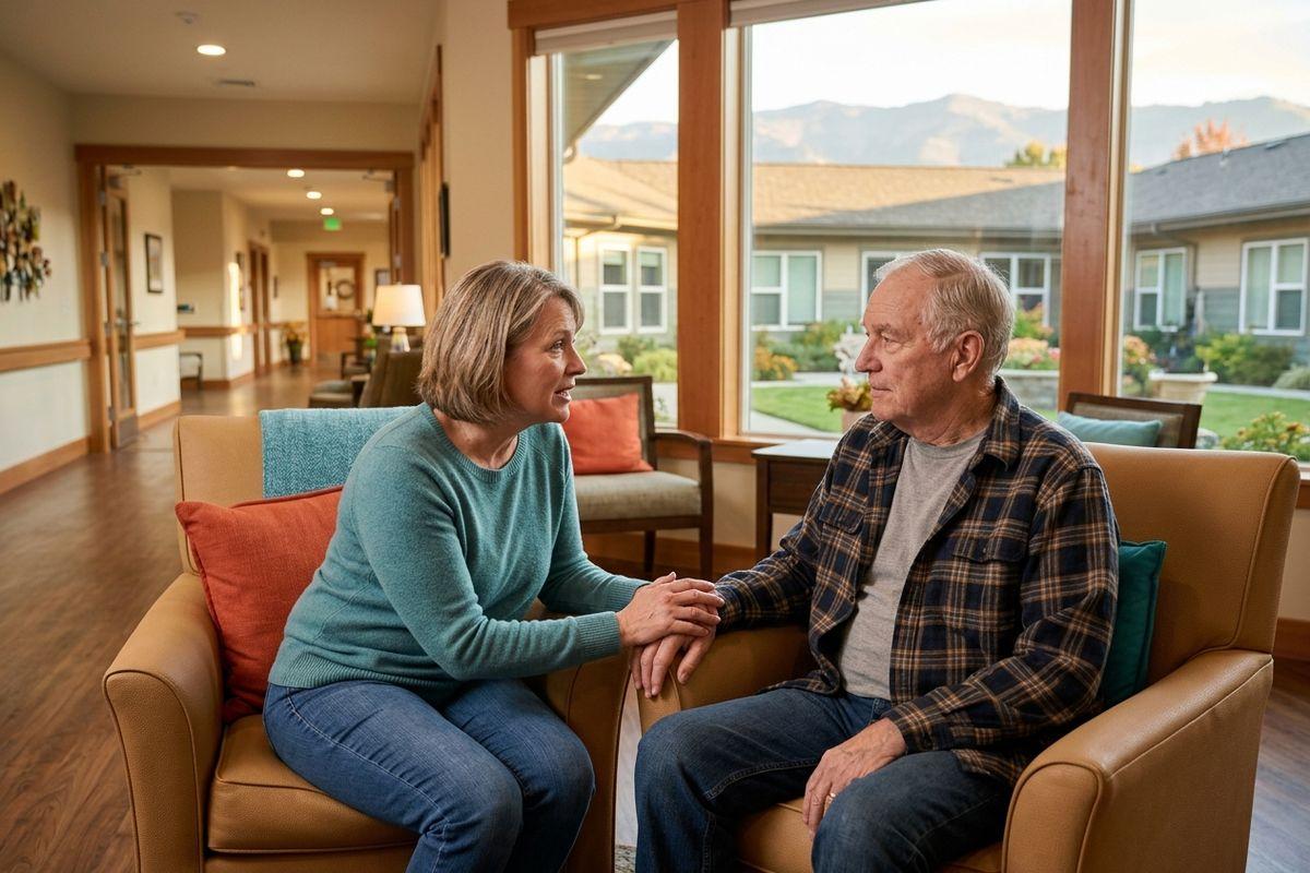 Two adults sit in armchairs facing each other, holding hands and talking, in a lounge with windows overlooking a courtyard.