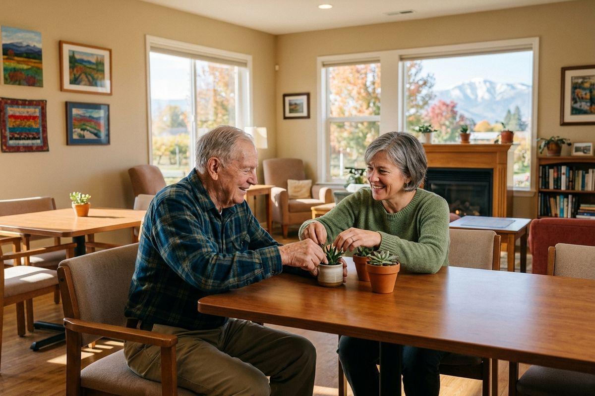 Two adults smile as they sit at a wooden table with potted succulents in a sunlit room with windows, a fireplace, and mountain views.