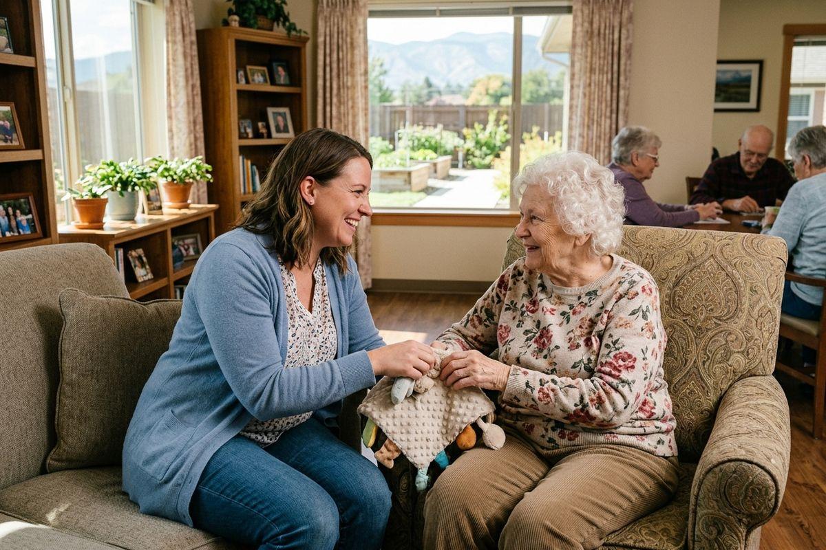 Two adults smiling and holding a soft toy together on a sofa in a care home lounge; older residents sit at a table in the background.
