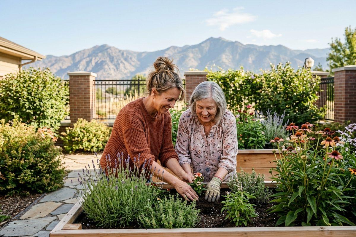 Two adults smile as they plant in a raised garden bed, with flowers, lavender, and mountains in the background.