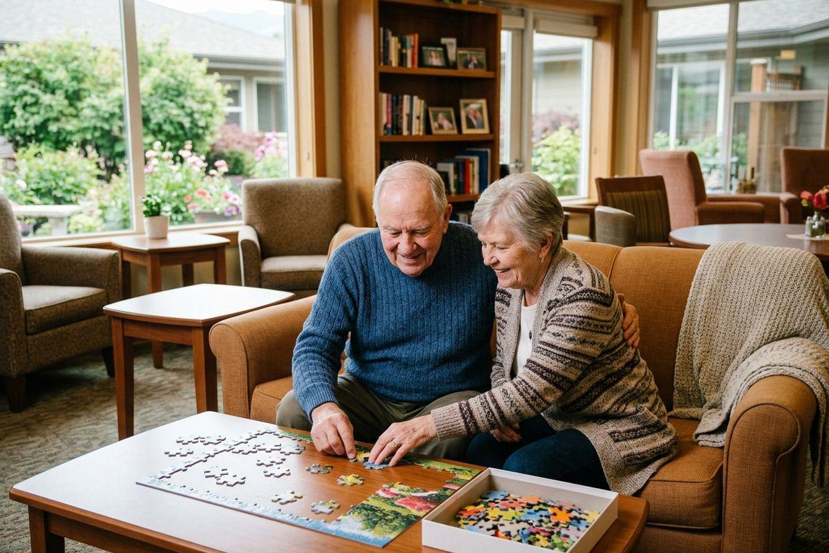 Two older adults smile as they sit close together on a couch, working on a jigsaw puzzle on a coffee table in a sunlit living room.